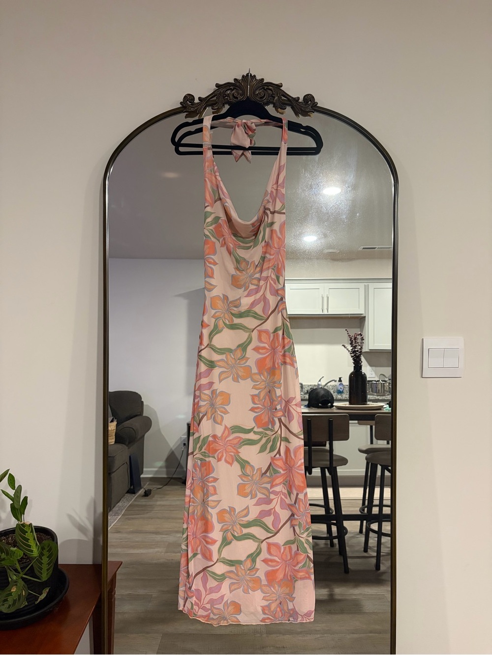 NWT Pink and Green Floral Halter Cowl Neck Maxi Dress Size Small Summer Vacation